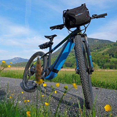 Mountainbike auf einem Weg mit Blumen und Bergen im Hintergrund
