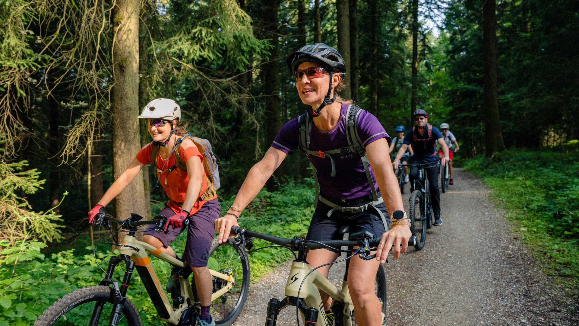 Group of people mountain biking on a forest trail on a sunny day