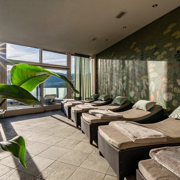 Ruheraum mit Liegen, grünen Pflanzen und Blick auf Berge bei Sonnenlicht