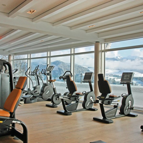 Fitnessraum mit Aussicht auf schneebedeckte Berge durch große Fenster