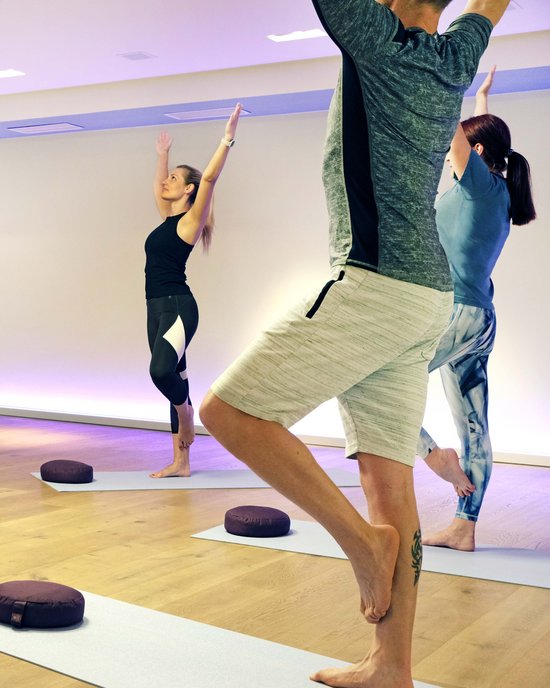 Yoga-Kurs mit Frauen und Mann, die Baum-Pose in einem Studio ausführen