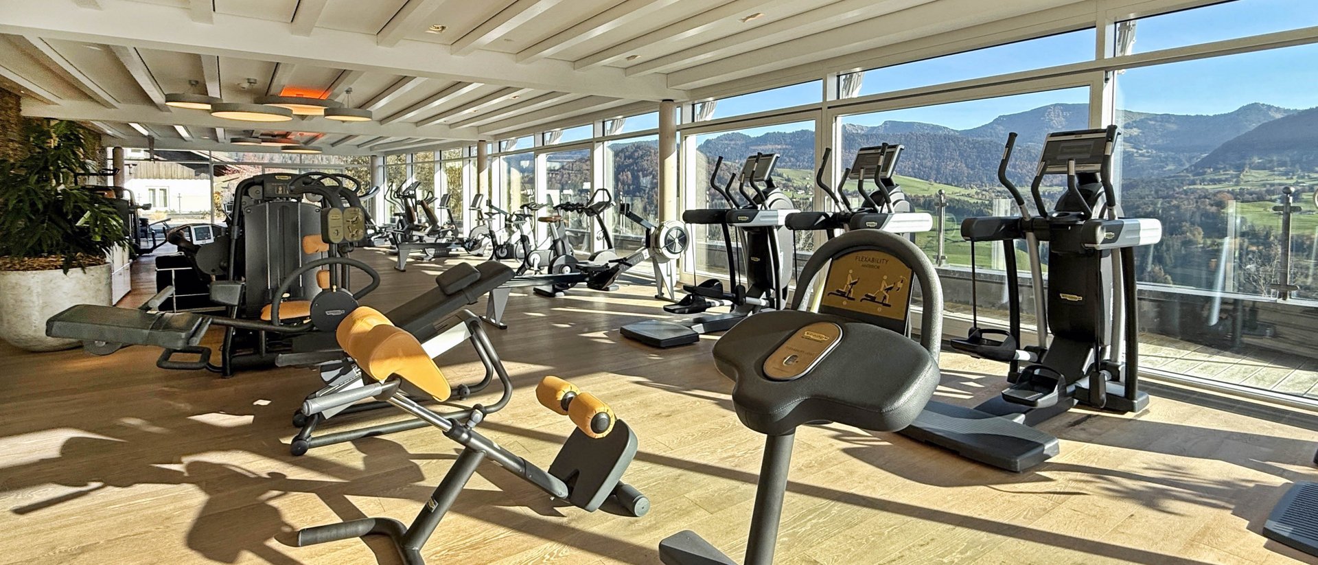 Helles Fitnessstudio mit modernen Geräten und Panoramafenstern mit Bergblick