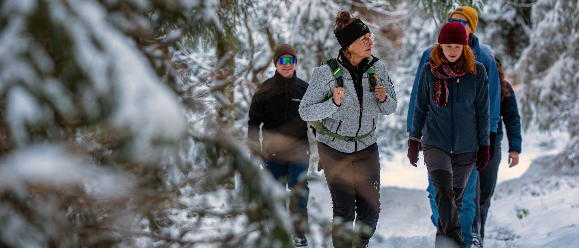 Menschen wandern winterlich gekleidet auf einem verschneiten Waldweg