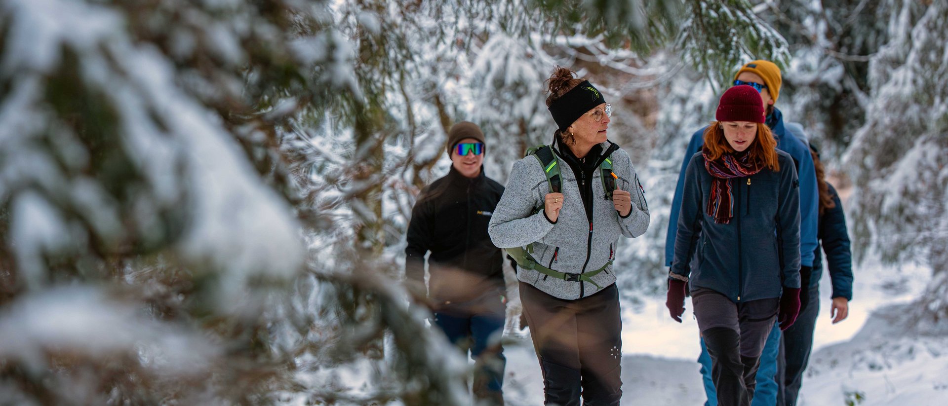 Menschen wandern winterlich gekleidet auf einem verschneiten Waldweg