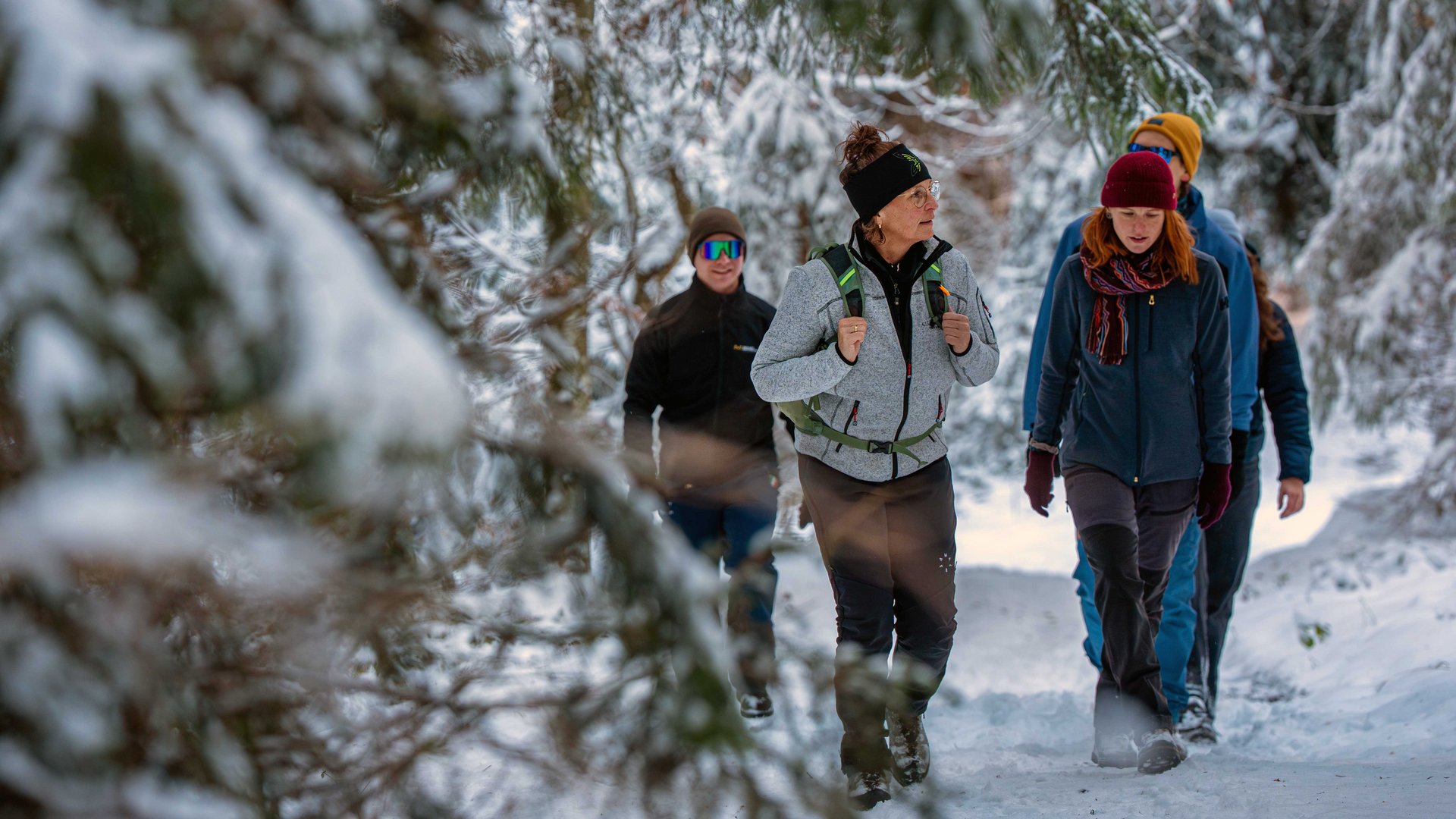 Menschen wandern winterlich gekleidet auf einem verschneiten Waldweg